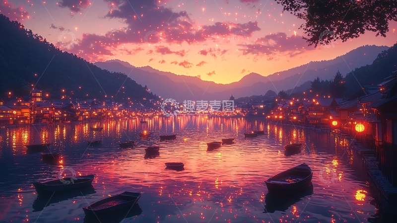 高清大图下载【趣麦麦图】梦幻唯美山水小镇夜景