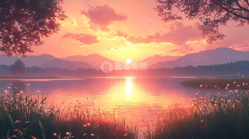 高清大图下载【趣麦麦图】唯美日落湖景