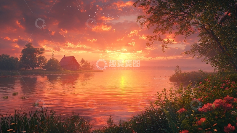 高清大图下载【趣麦麦图】日落湖边小屋