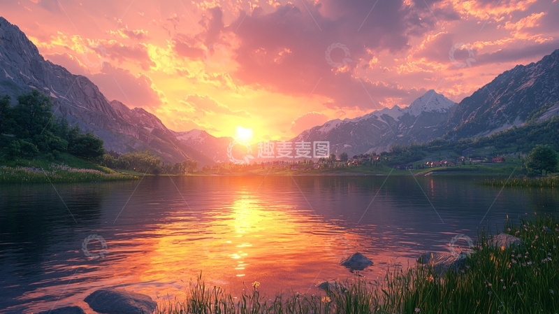高清大图下载【趣麦麦图】日落湖光山色