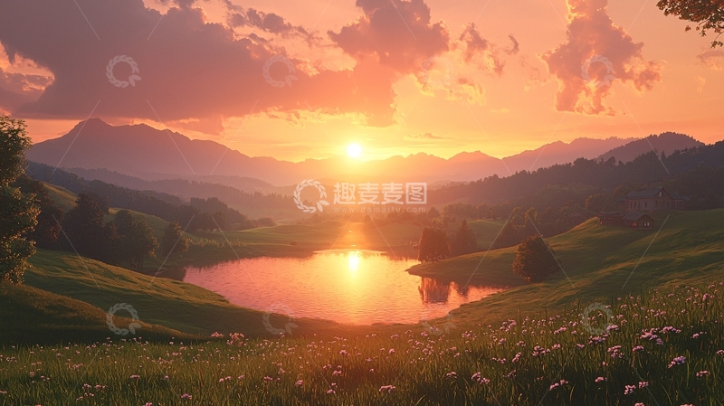 高清大图下载【趣麦麦图】山峦夕照湖光美景