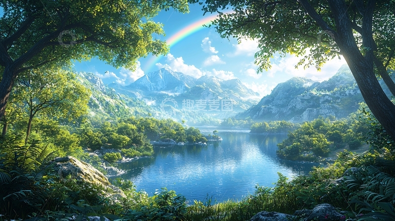 高清大图下载【趣麦麦图】树林环绕的湖泊与雪山彩虹