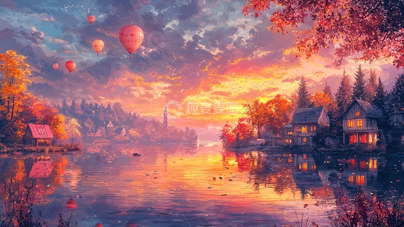 高清大图下载【趣麦麦图】梦幻秋日湖边小镇