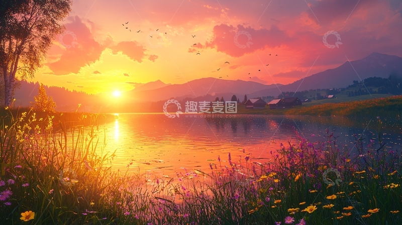 高清大图下载【趣麦麦图】夕阳西下湖光山色