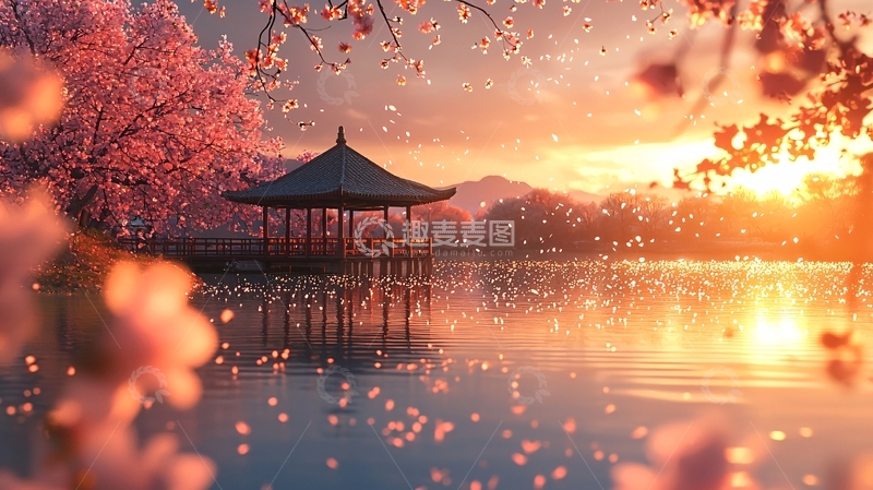 高清大图下载【趣麦麦图】落日余晖下的樱花亭