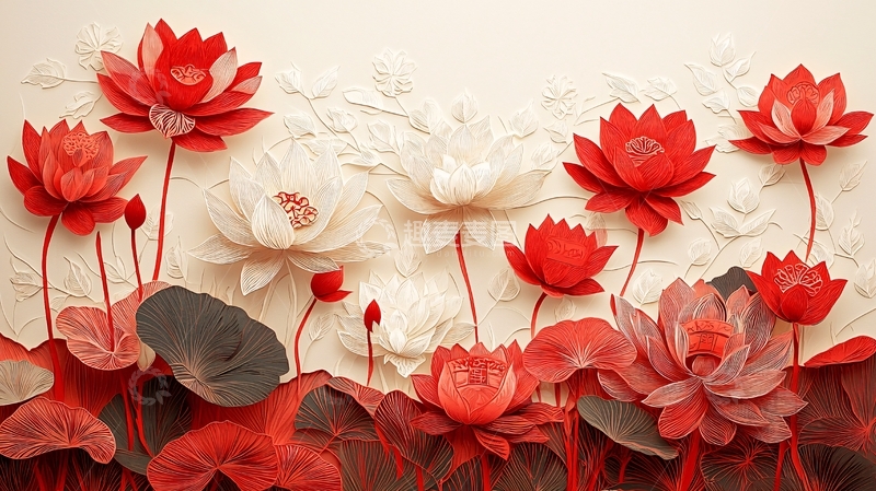 高清大图下载【趣麦麦图】红白莲花立体浮雕壁纸