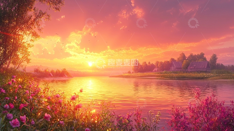 高清大图下载【趣麦麦图】日出湖边粉色花海