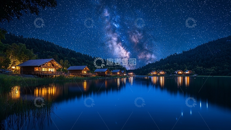 高清大图下载【趣麦麦图】星空下的湖边木屋