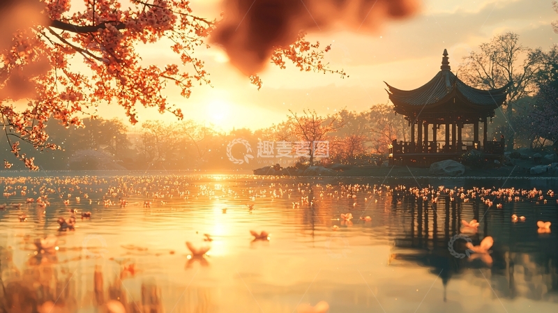 高清大图下载【趣麦麦图】日出湖边中式亭台