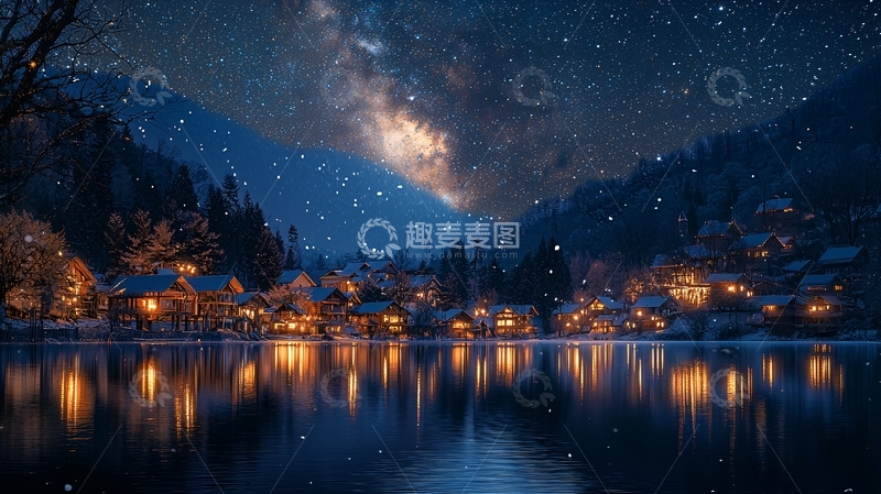 高清大图下载【趣麦麦图】雪夜湖边小镇