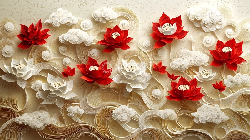 高清大图下载【趣麦麦图】红白莲花浮雕壁纸