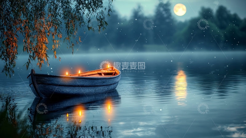 高清大图下载【趣麦麦图】月光下湖边小船