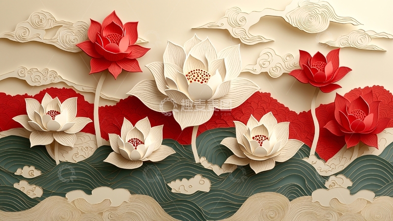 高清大图下载【趣麦麦图】红白莲花立体浮雕背景