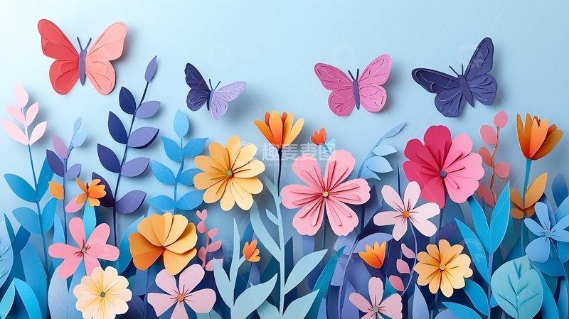 高清大图下载【趣麦麦图】彩色纸艺花卉蝴蝶背景