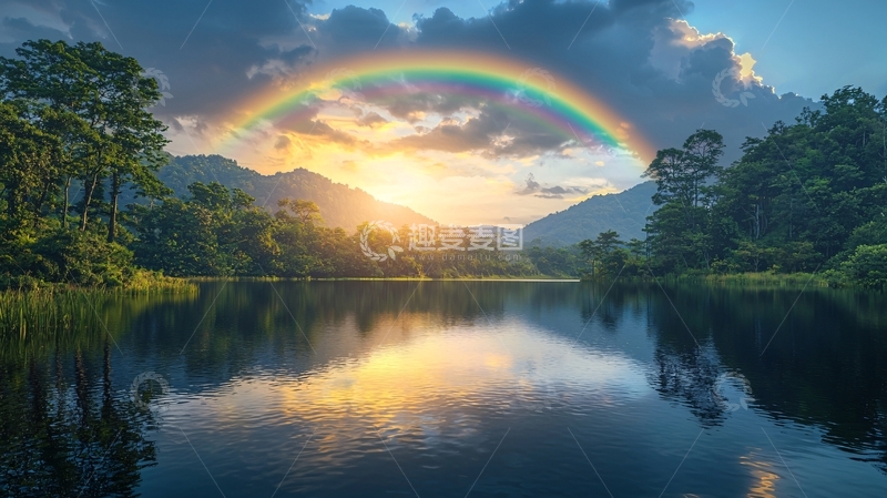 高清大图下载【趣麦麦图】彩虹湖泊日落