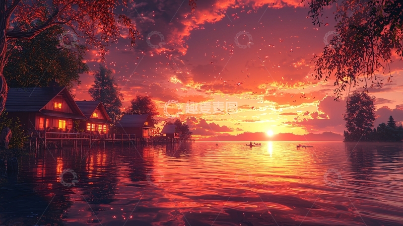 高清大图下载【趣麦麦图】红霞映照湖边小屋