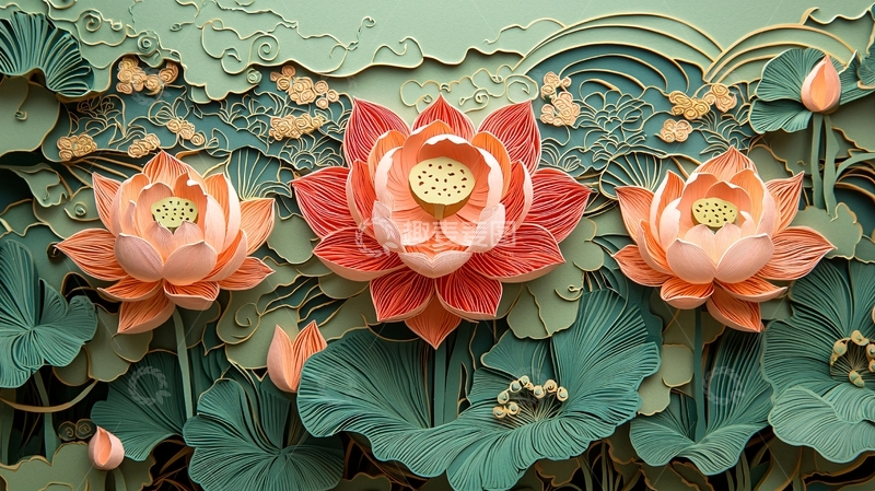 高清大图下载【趣麦麦图】浮雕荷花墙纸