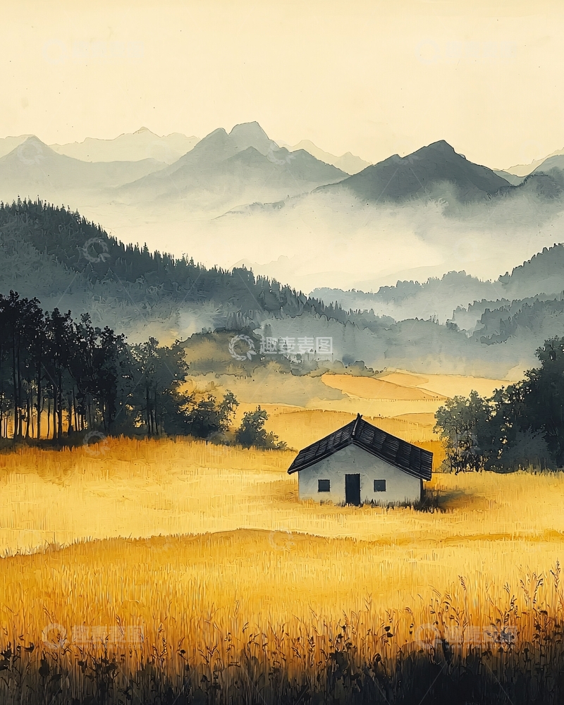 高清大图下载【趣麦麦图】山间小屋金黄麦田