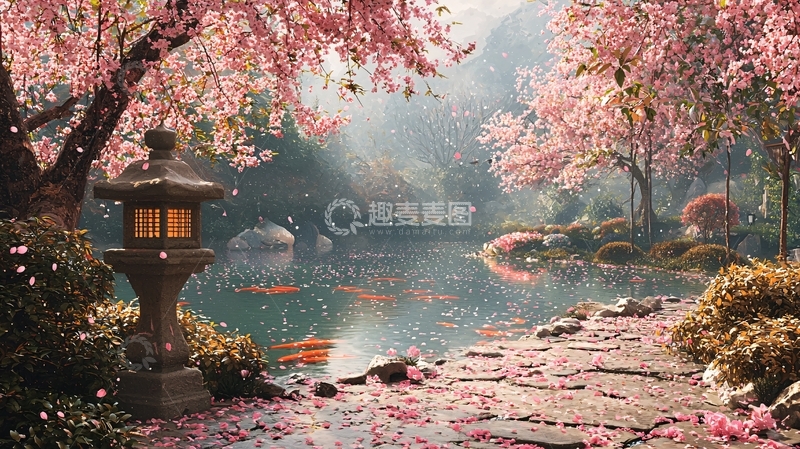 高清大图下载【趣麦麦图】樱花盛开的日式庭院