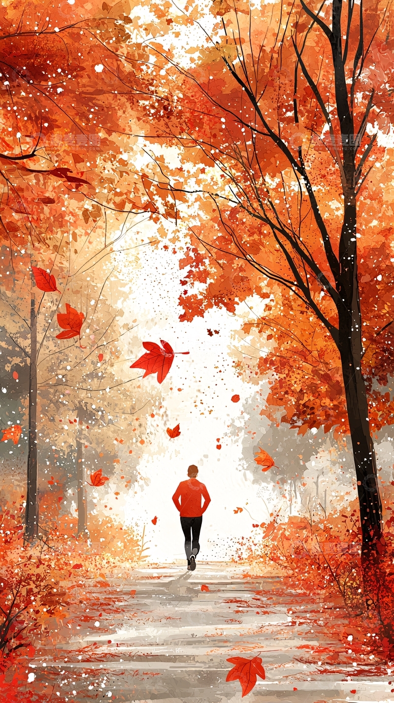 高清大图下载【趣麦麦图】秋日红叶小路落叶纷飞