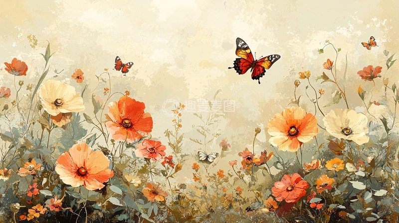 高清大图下载【趣麦麦图】复古花田蝴蝶