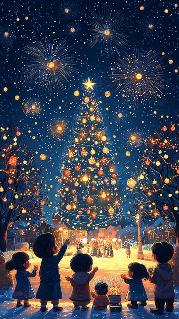 圣诞节夜晚烟火树