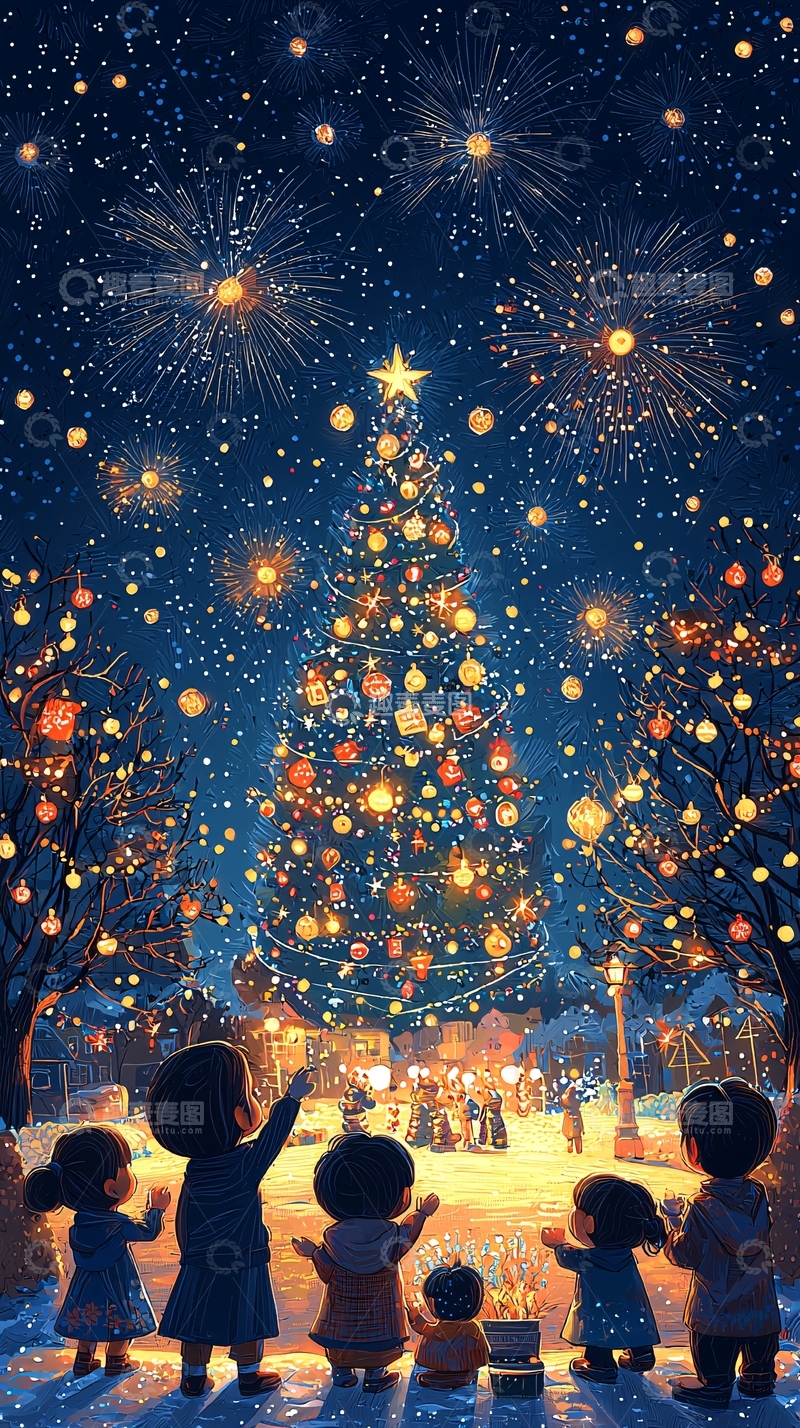 高清大图下载【趣麦麦图】圣诞节夜晚烟火树