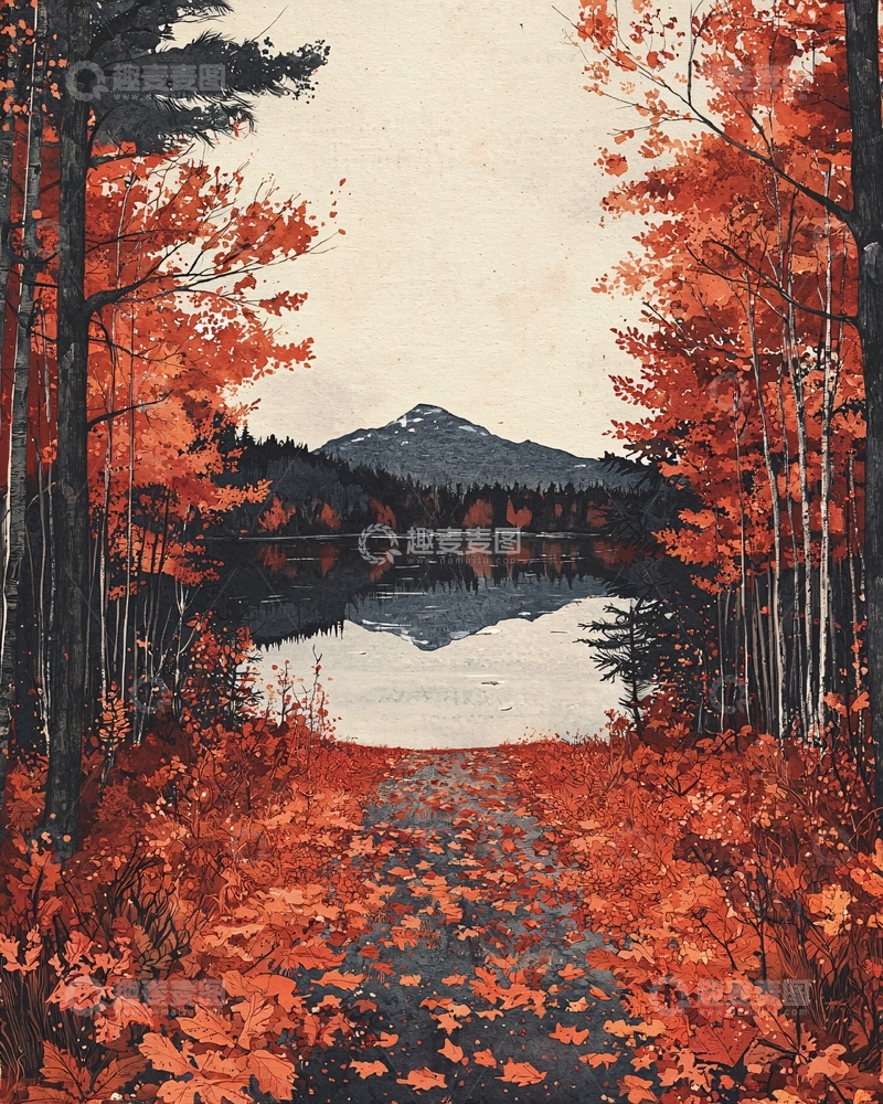 高清大图下载【趣麦麦图】秋日红叶湖边小路