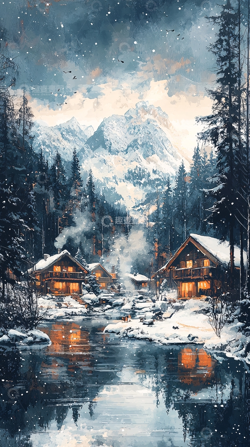 高清大图下载【趣麦麦图】雪山小屋冬景图