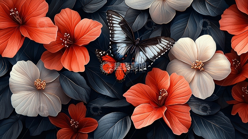 高清大图下载【趣麦麦图】暗色系花卉与蝴蝶
