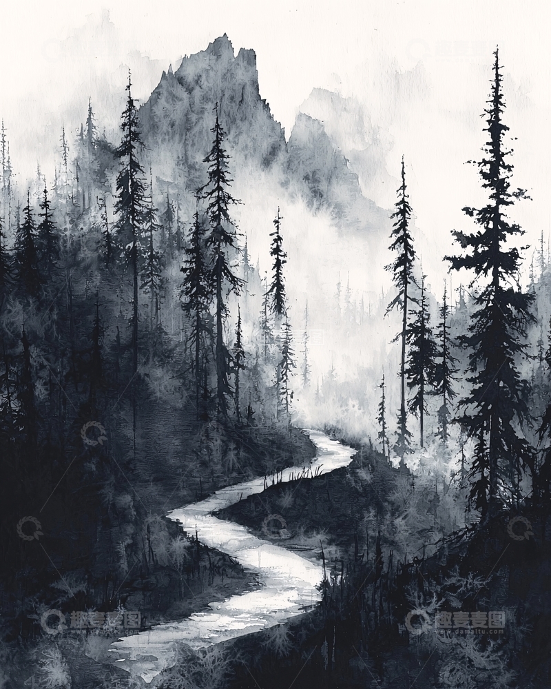 高清大图下载【趣麦麦图】水墨画山路