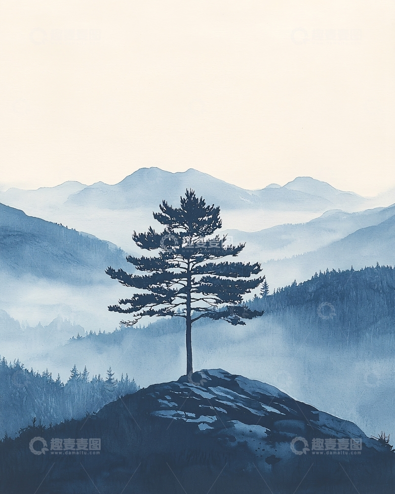 高清大图下载【趣麦麦图】蓝调山峦孤树
