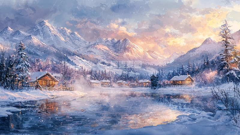 高清大图下载【趣麦麦图】冬季雪山村庄景色