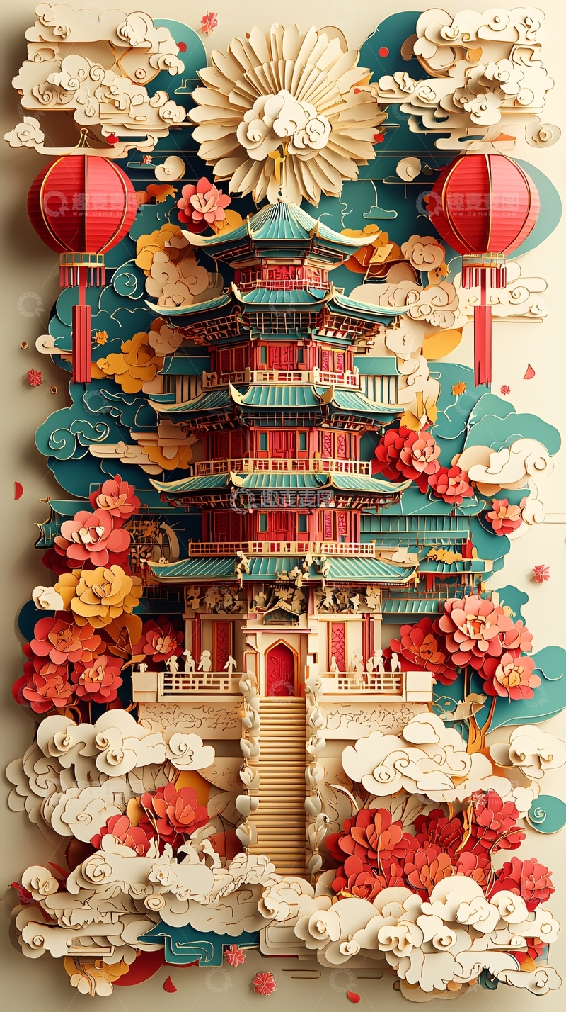 高清大图下载【趣麦麦图】中国风剪纸建筑