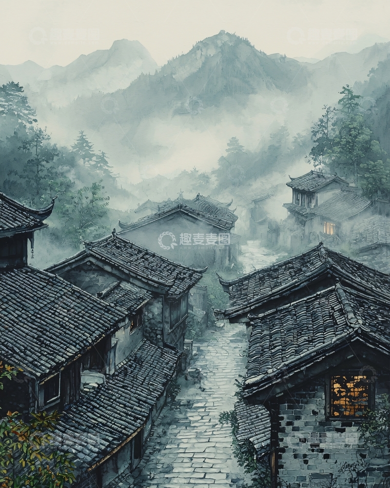 高清大图下载【趣麦麦图】水墨画风格山村