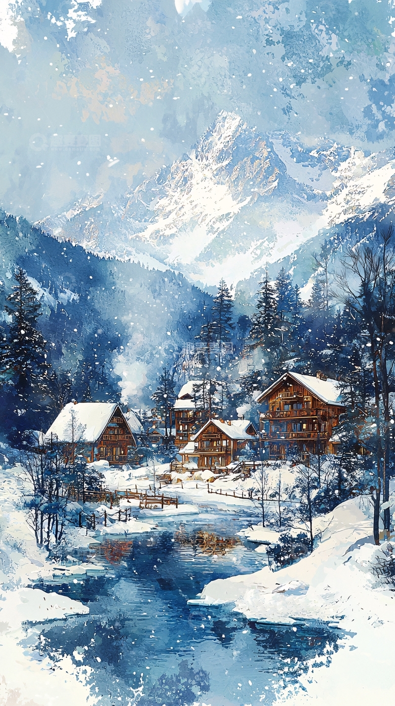 高清大图下载【趣麦麦图】雪山下的木屋村庄