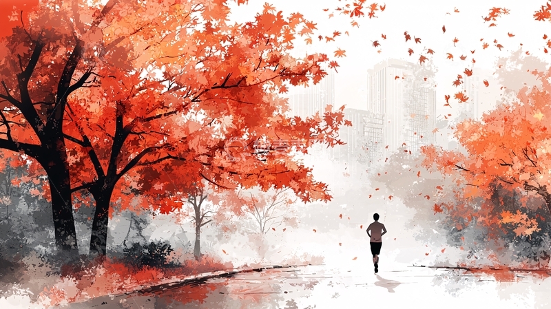高清大图下载【趣麦麦图】秋日红叶树林跑步者