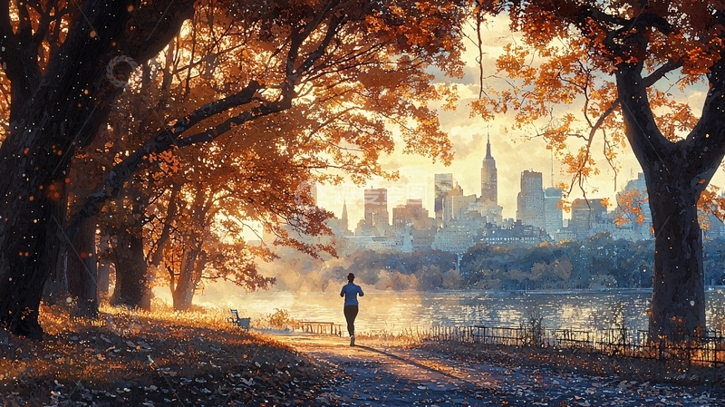 高清大图下载【趣麦麦图】秋日清晨城市跑步