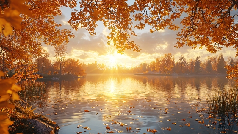 高清大图下载【趣麦麦图】秋日湖泊夕阳景色