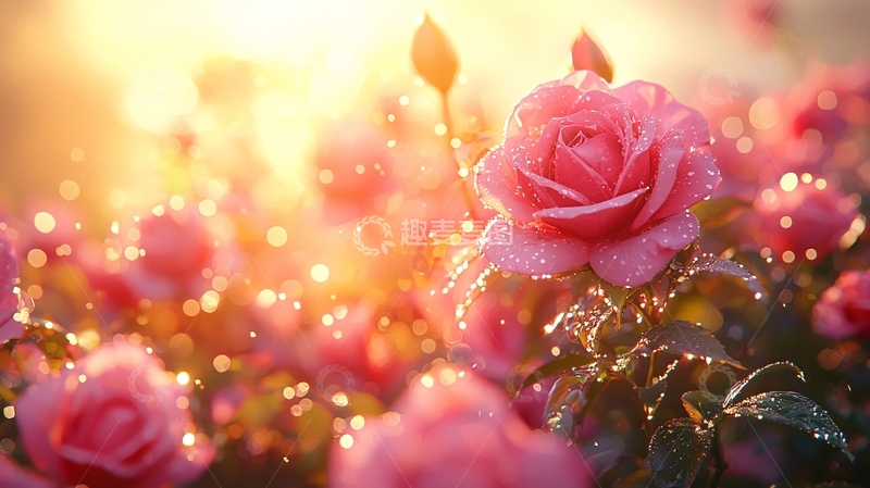 高清大图下载【趣麦麦图】清晨阳光下的粉玫瑰花田