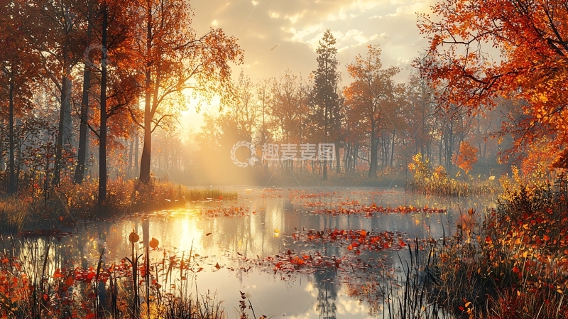 高清大图下载【趣麦麦图】秋日清晨森林湖泊