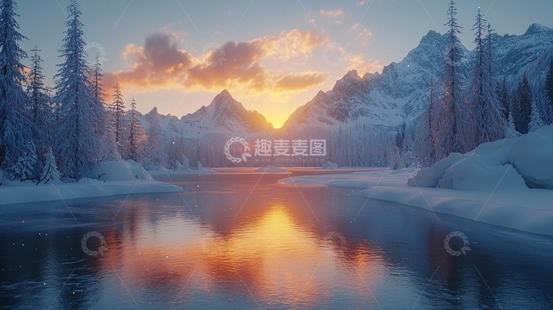 高清大图下载【趣麦麦图】雪山日落湖泊景色
