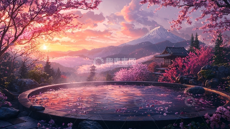 高清大图下载【趣麦麦图】富士山樱花温泉