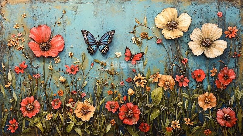 高清大图下载【趣麦麦图】蓝绿色背景下的立体花卉与蝴蝶