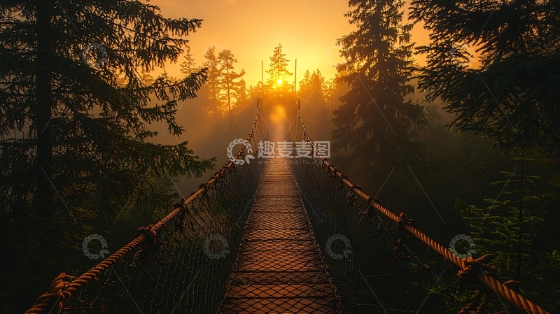 高清大图下载【趣麦麦图】清晨雾中吊桥日出