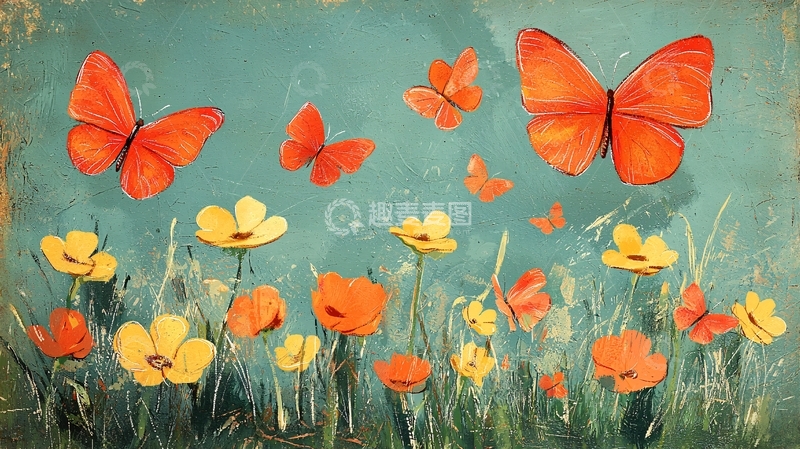 高清大图下载【趣麦麦图】橙色蝴蝶飞舞花海