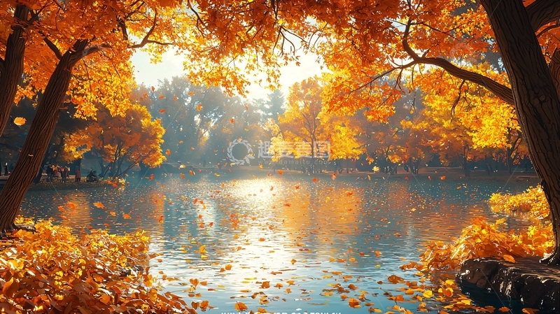 高清大图下载【趣麦麦图】秋日湖边树林景色