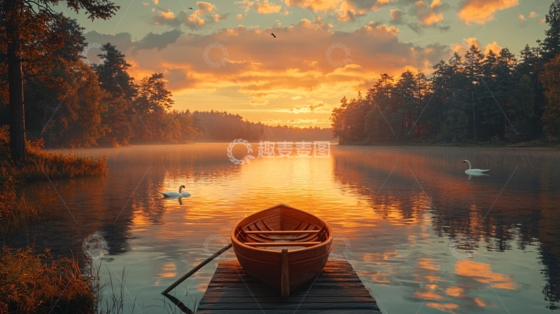 高清大图下载【趣麦麦图】日出湖景木船