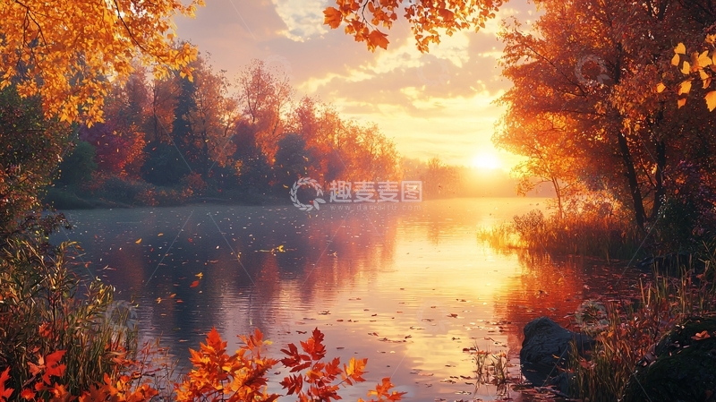 高清大图下载【趣麦麦图】秋日清晨河边景色