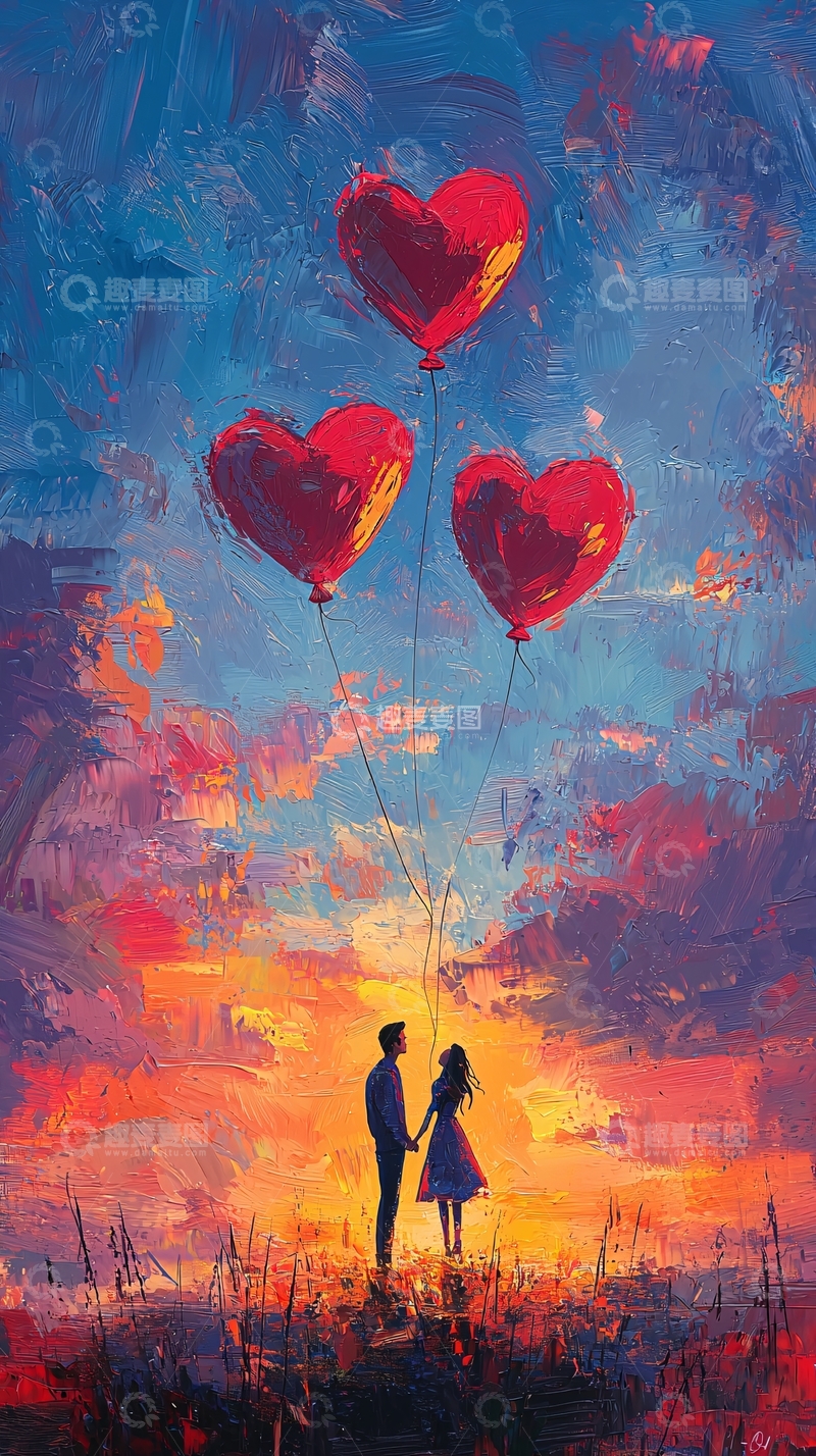 高清大图下载【趣麦麦图】浪漫情侣日落热气球